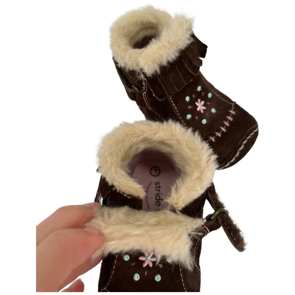 Stride Rite Leather Chincilla Moccasin Booties Embroidered Girls Brown 3